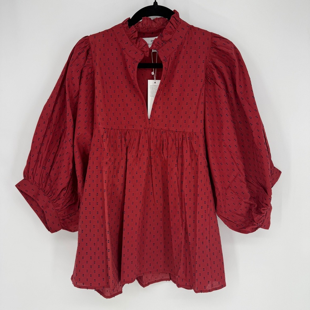 NEVER A WALLFLOWER HIGH NECK TOP BURGUNDY SWISS DOT XXL NWT‎ BLOUSE PUFF SLEEVE